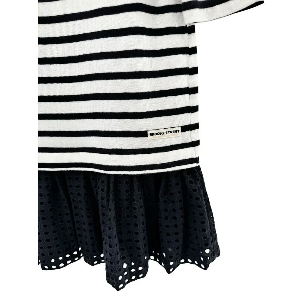 Broome Street Kate Spade Mini Dress‎ Size XS Black White Boat Neck Eyelet Ruffle